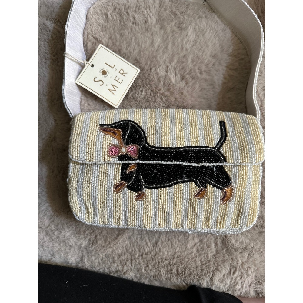 Sol and Mer Beaded Dachshund Crossbody Bag Cream White Striped Dog Purse NWT